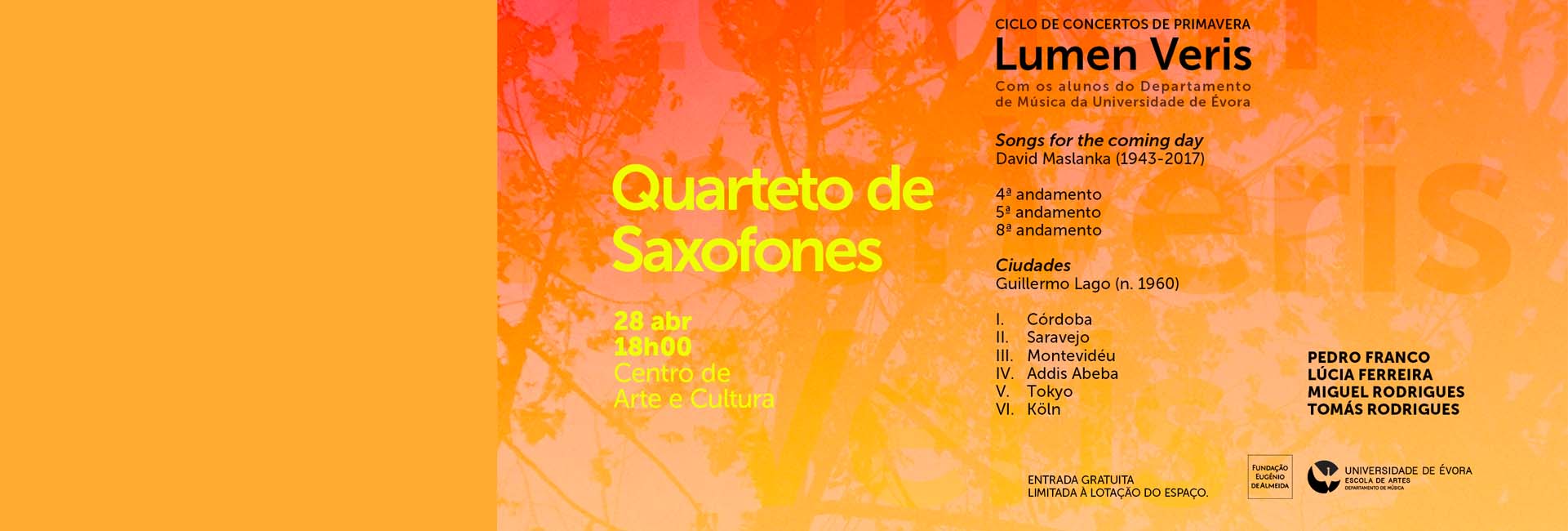 Lumen Veris: QUARTETO DE SAXOFONES | Ciclo de concertos de primavera